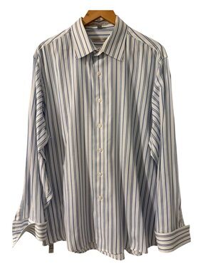 Geoffrey Beene Dress Shirt Men’s XL 17 34/35 Blue White Stripe Easy Care